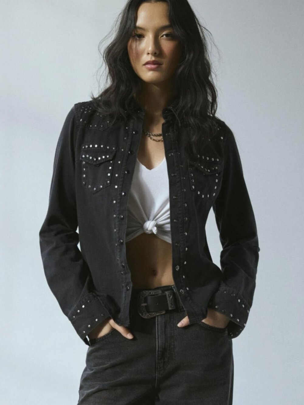 BDG Arielle Studded Denim Western Shirt Top Urban Outfitters Black M